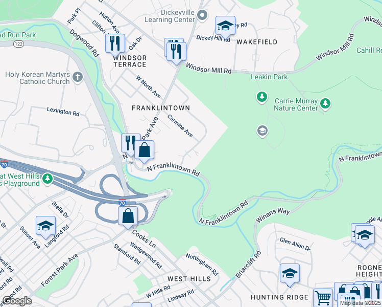 map of restaurants, bars, coffee shops, grocery stores, and more near 1805 Beechwood Avenue in Baltimore