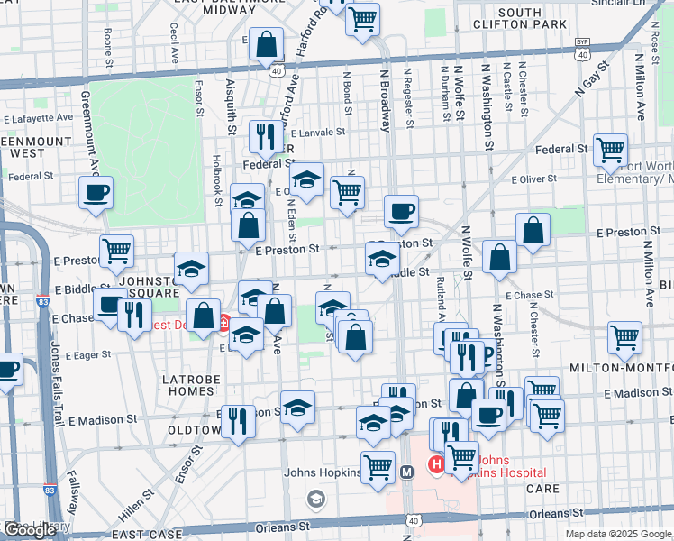 map of restaurants, bars, coffee shops, grocery stores, and more near 1508 East Biddle Street in Baltimore