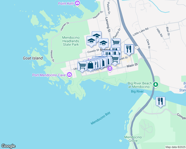 map of restaurants, bars, coffee shops, grocery stores, and more near 45100 Main St in Mendocino