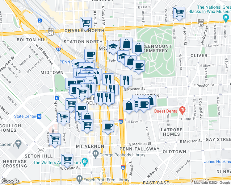 map of restaurants, bars, coffee shops, grocery stores, and more near 101 Independence Avenue Southeast in Washington