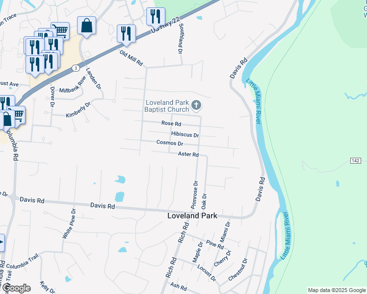 map of restaurants, bars, coffee shops, grocery stores, and more near 2349 Cosmos Drive in Loveland