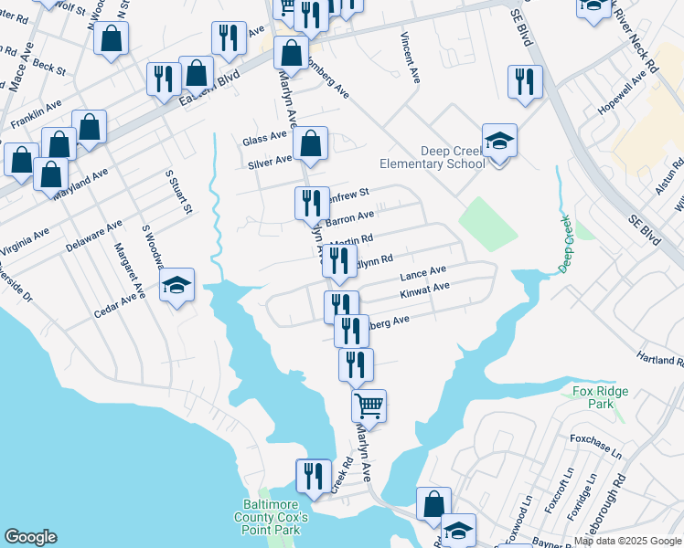 map of restaurants, bars, coffee shops, grocery stores, and more near 907 Woodlynn Road in Essex
