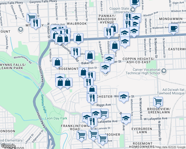 map of restaurants, bars, coffee shops, grocery stores, and more near 2829 Presstman St in Baltimore
