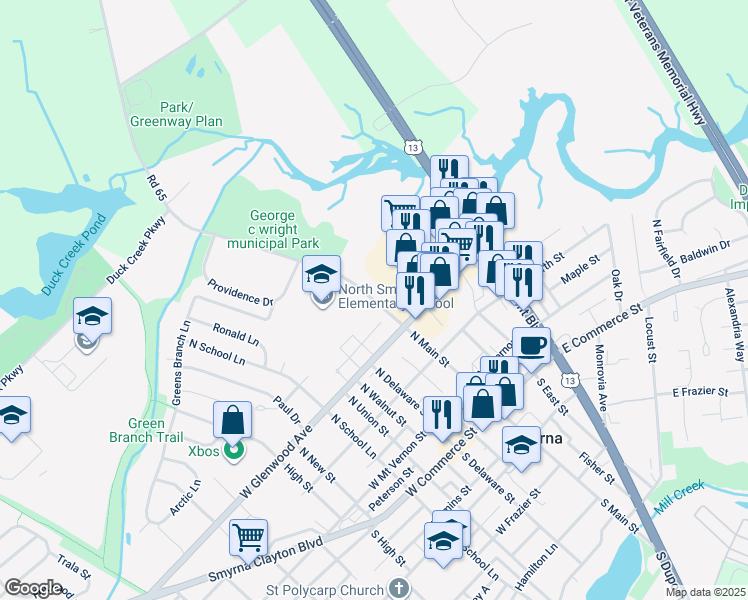 map of restaurants, bars, coffee shops, grocery stores, and more near 365 North Main Street in Smyrna