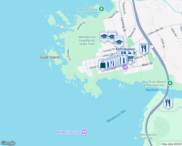map of restaurants, bars, coffee shops, grocery stores, and more near 10431 Rundle Street in Mendocino