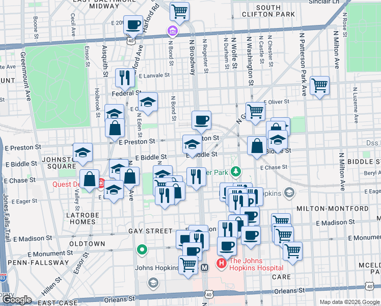 map of restaurants, bars, coffee shops, grocery stores, and more near 1208 Iron Alley in Baltimore