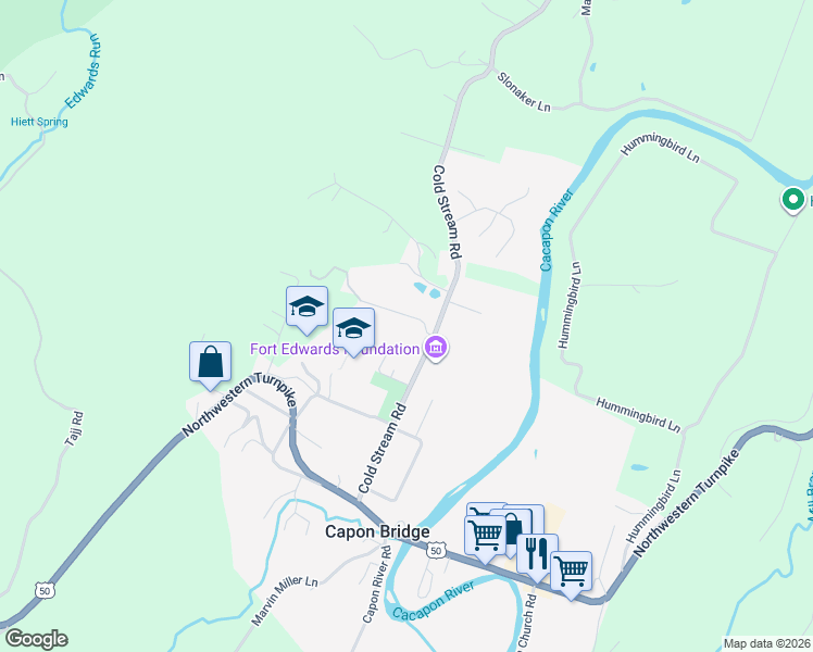 map of restaurants, bars, coffee shops, grocery stores, and more near 75 Clark Hillside Drive in Capon Bridge