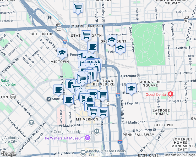 map of restaurants, bars, coffee shops, grocery stores, and more near 1230 Saint Paul Street in Baltimore