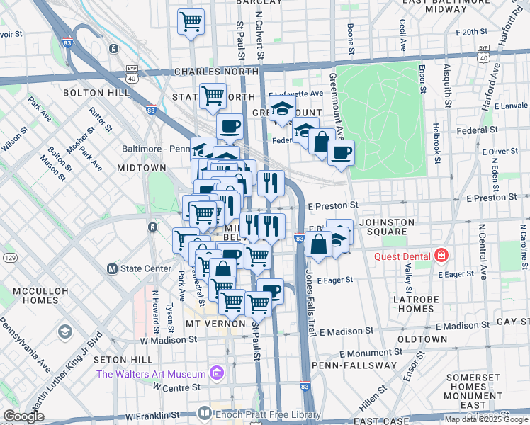 map of restaurants, bars, coffee shops, grocery stores, and more near 101 Independence Avenue Southeast in Washington