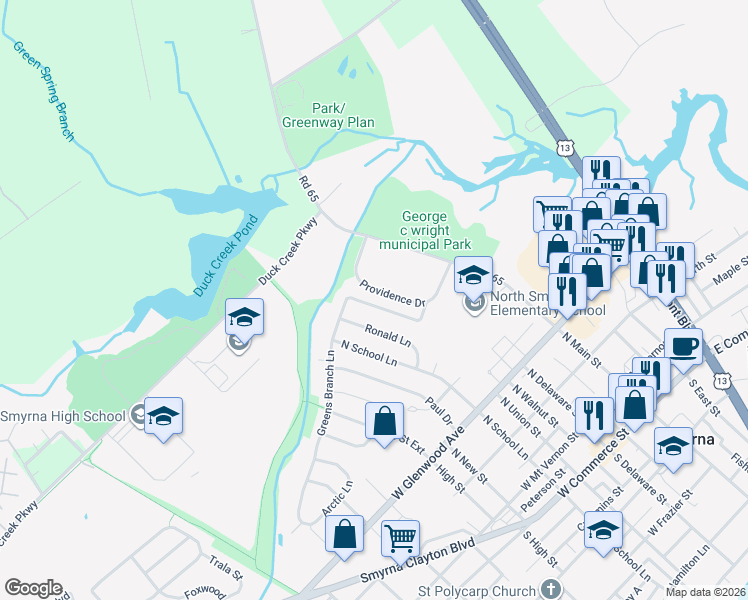 map of restaurants, bars, coffee shops, grocery stores, and more near 162 Greens Branch Lane in Smyrna