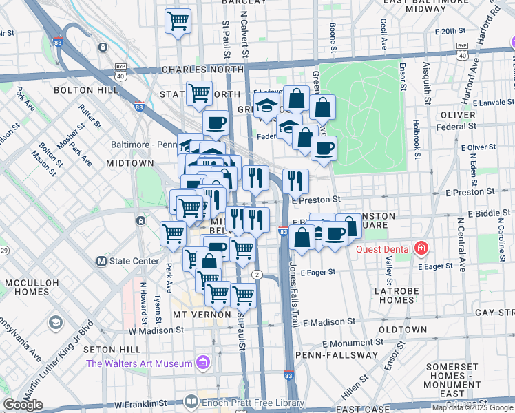 map of restaurants, bars, coffee shops, grocery stores, and more near 1229 North Calvert Street in Baltimore