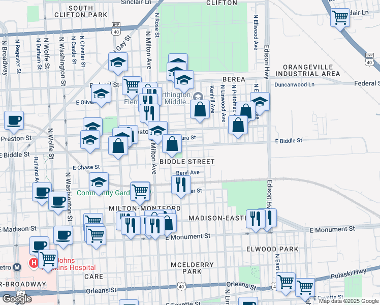 map of restaurants, bars, coffee shops, grocery stores, and more near 1117 North Lakewood Avenue in Baltimore