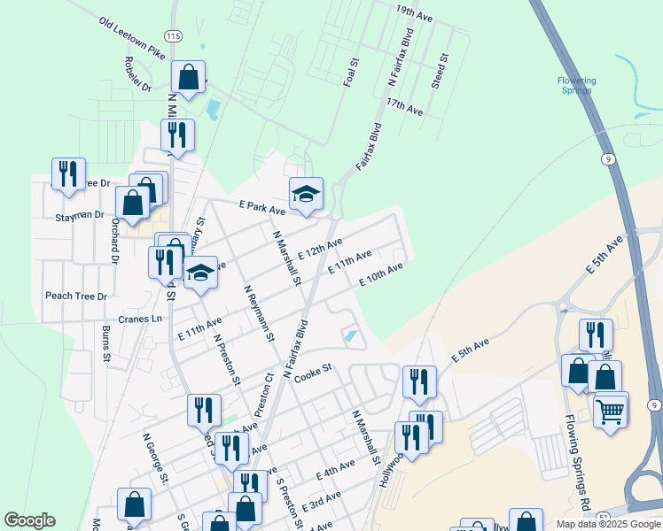 map of restaurants, bars, coffee shops, grocery stores, and more near 403 E 11th Ave in Ranson