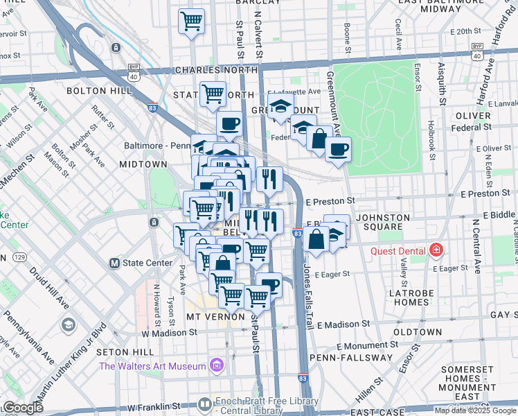 map of restaurants, bars, coffee shops, grocery stores, and more near 101 East Preston Street in Baltimore