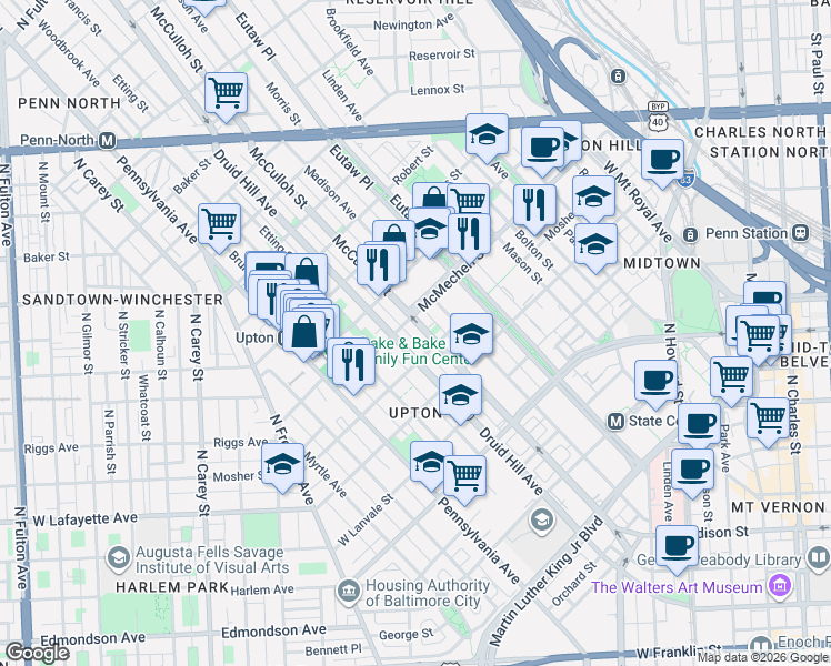 map of restaurants, bars, coffee shops, grocery stores, and more near 1526 McCulloh Street in Baltimore