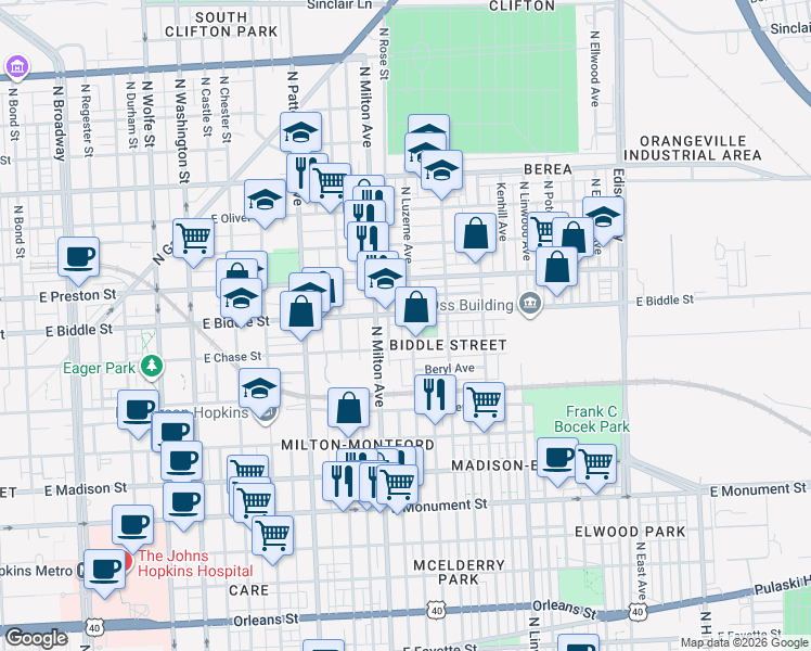 map of restaurants, bars, coffee shops, grocery stores, and more near 1120 North Luzerne Avenue in Baltimore