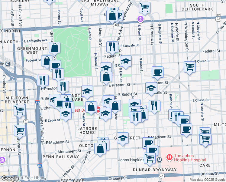 map of restaurants, bars, coffee shops, grocery stores, and more near 1212 North Central Avenue in Baltimore