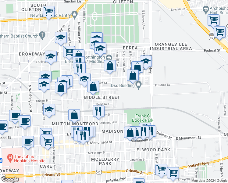 map of restaurants, bars, coffee shops, grocery stores, and more near 1115 N Kenwood Ave in Baltimore