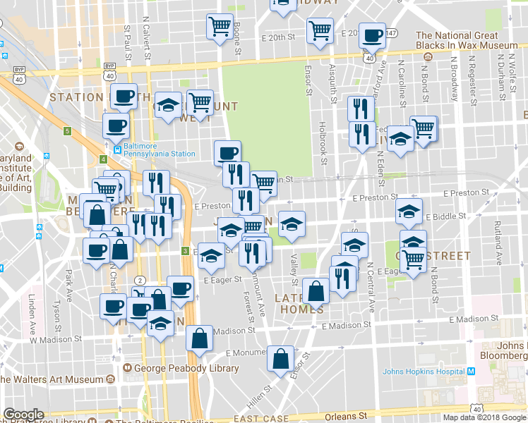 map of restaurants, bars, coffee shops, grocery stores, and more near 1212 Homewood Avenue in Baltimore