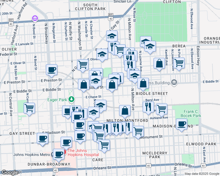 map of restaurants, bars, coffee shops, grocery stores, and more near 2241 East Biddle Street in Baltimore
