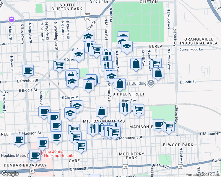 map of restaurants, bars, coffee shops, grocery stores, and more near 1137 North Milton Avenue in Baltimore