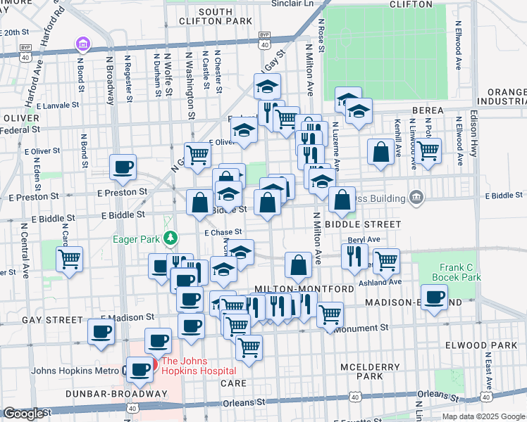 map of restaurants, bars, coffee shops, grocery stores, and more near 2241 East Biddle Street in Baltimore