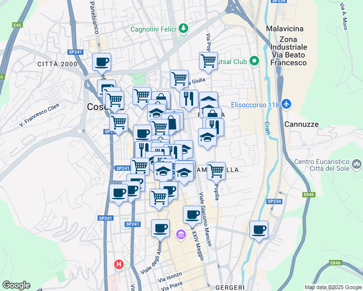 map of restaurants, bars, coffee shops, grocery stores, and more near 45 Via Consalvo Aragona in Cosenza