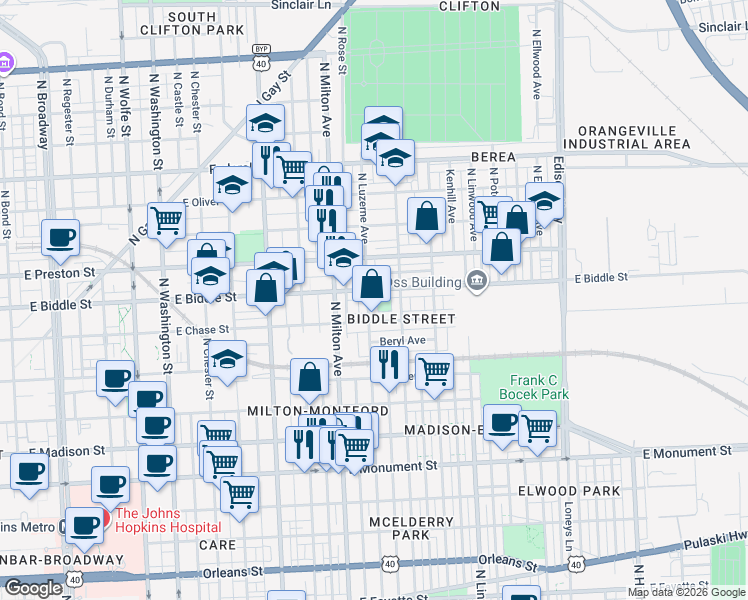 map of restaurants, bars, coffee shops, grocery stores, and more near 1121 North Luzerne Avenue in Baltimore