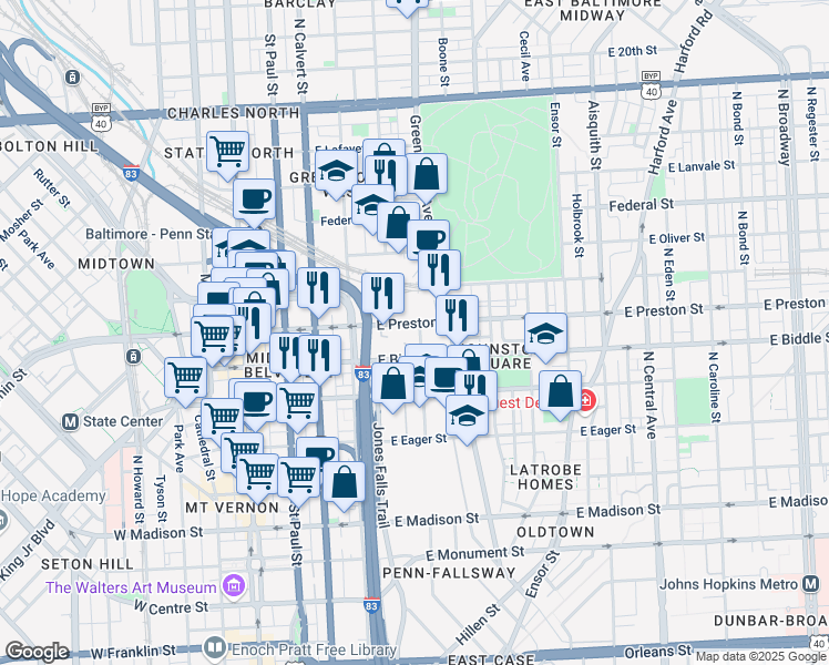 map of restaurants, bars, coffee shops, grocery stores, and more near 1222 Brentwood Avenue in Baltimore