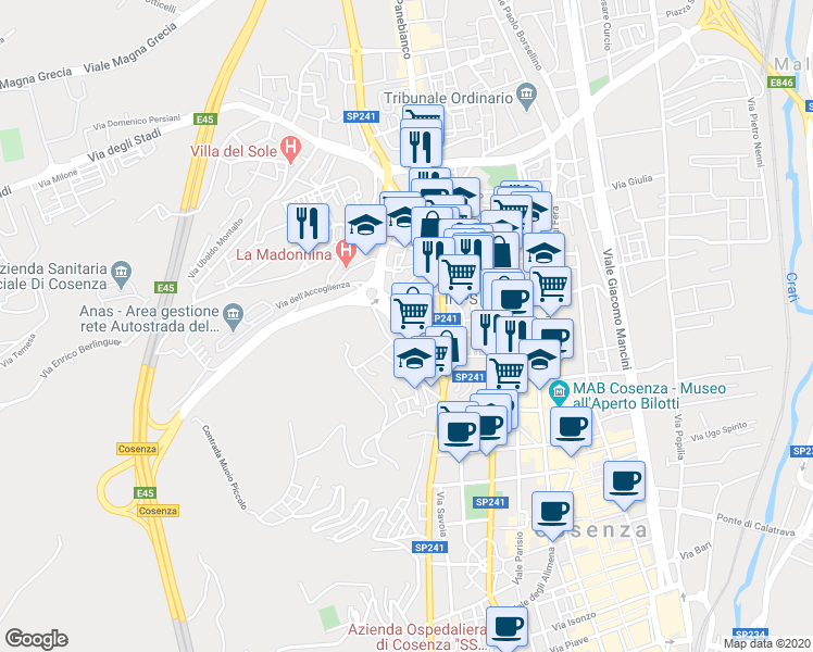 map of restaurants, bars, coffee shops, grocery stores, and more near 52 Tunnel Pasquale Rossi in Cosenza