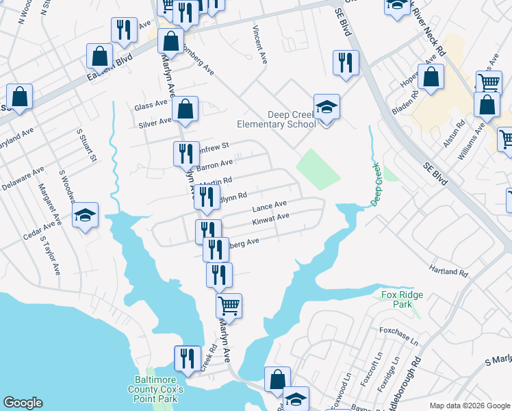 map of restaurants, bars, coffee shops, grocery stores, and more near 930 Lance Avenue in Essex