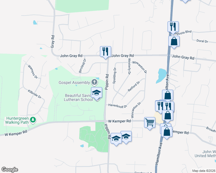map of restaurants, bars, coffee shops, grocery stores, and more near 12068 Pippin Road in Cincinnati