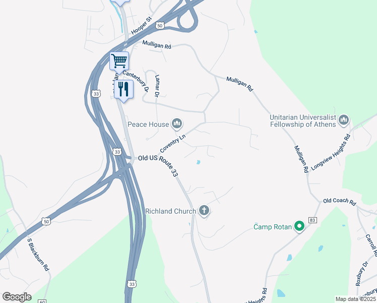 map of restaurants, bars, coffee shops, grocery stores, and more near 2 Kent Drive in Athens