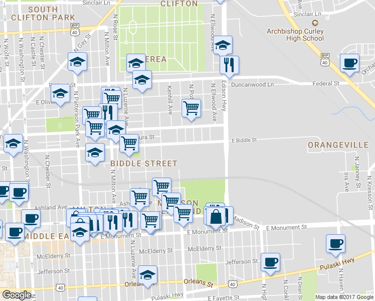 map of restaurants, bars, coffee shops, grocery stores, and more near 2901 East Biddle Street in Baltimore
