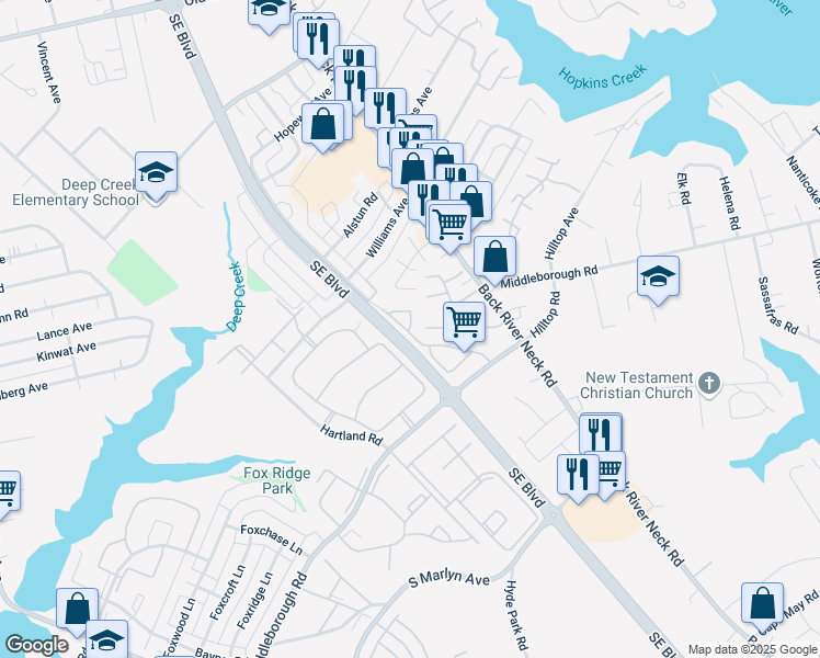 map of restaurants, bars, coffee shops, grocery stores, and more near 7 Timber Creek Court in Essex