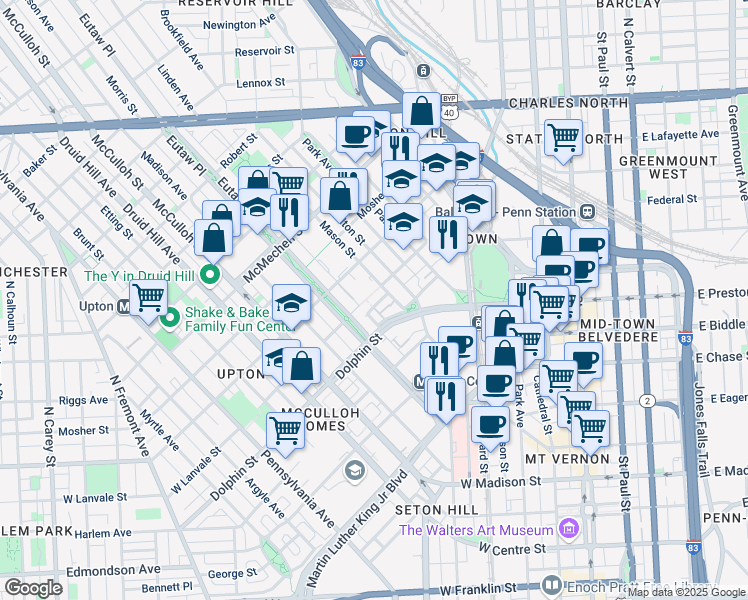 map of restaurants, bars, coffee shops, grocery stores, and more near 255 West Lanvale Street in Baltimore
