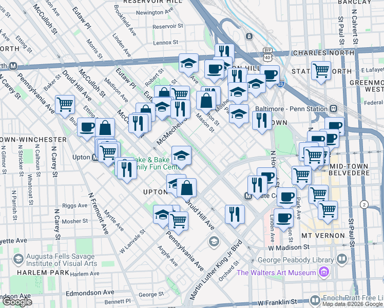 map of restaurants, bars, coffee shops, grocery stores, and more near 1402 Eutaw Place in Baltimore