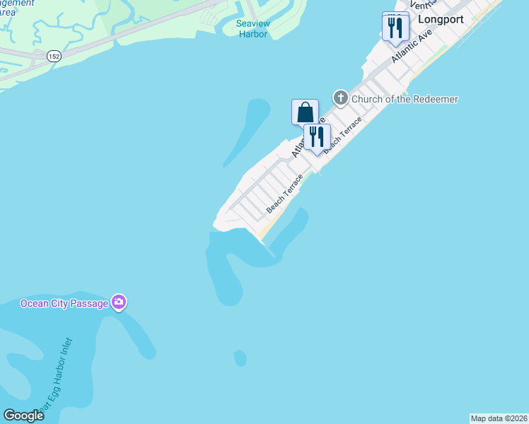 map of restaurants, bars, coffee shops, grocery stores, and more near 1205 Beach Terrace in Longport