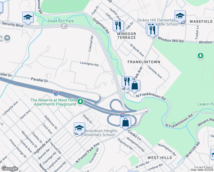 map of restaurants, bars, coffee shops, grocery stores, and more near 54 Torlina Court in Woodlawn