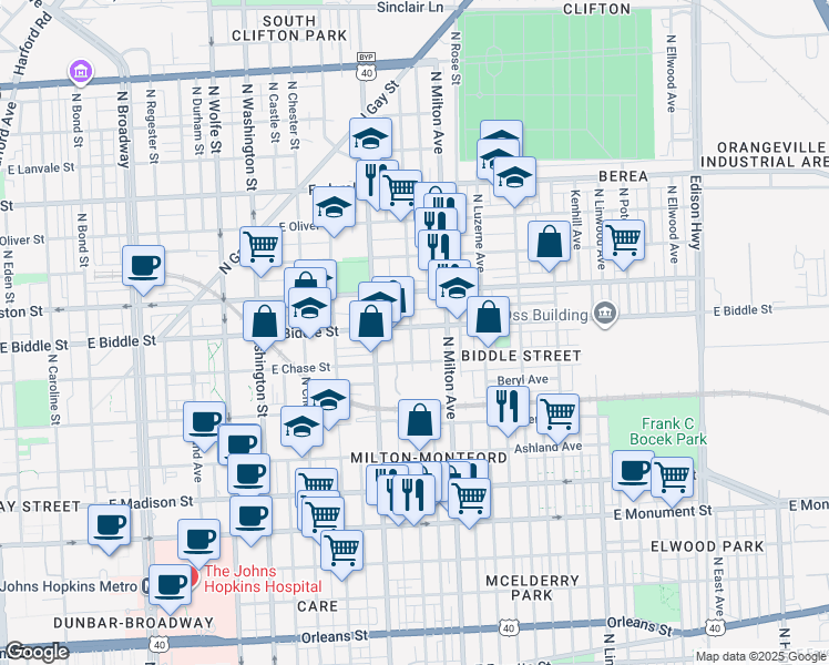 map of restaurants, bars, coffee shops, grocery stores, and more near 2401 East Biddle Street in Baltimore