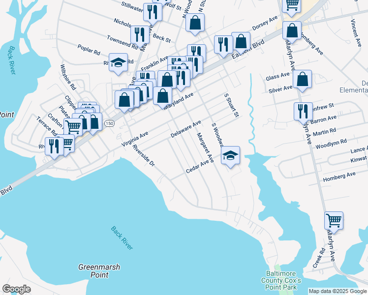 map of restaurants, bars, coffee shops, grocery stores, and more near 312 South Taylor Avenue in Essex
