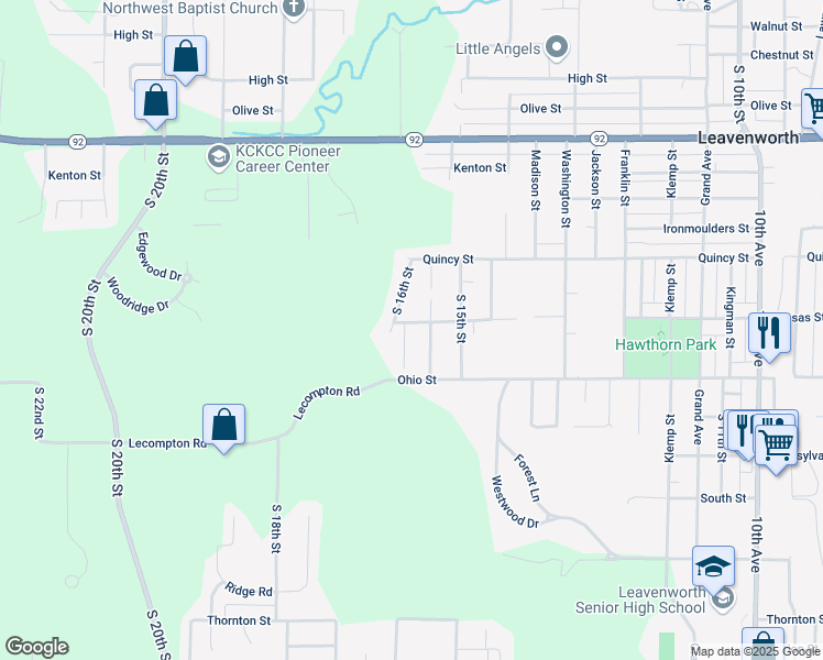map of restaurants, bars, coffee shops, grocery stores, and more near 1401 South 16th Street in Leavenworth