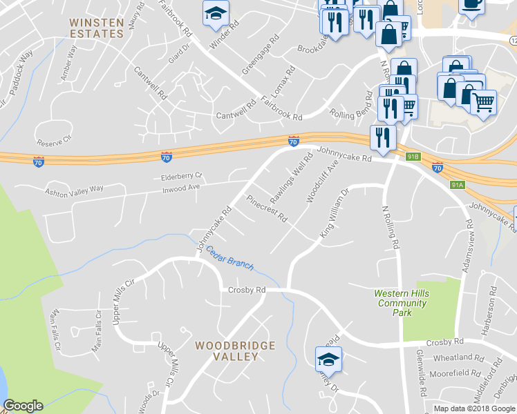 map of restaurants, bars, coffee shops, grocery stores, and more near 7205 Pinecrest Road in Catonsville