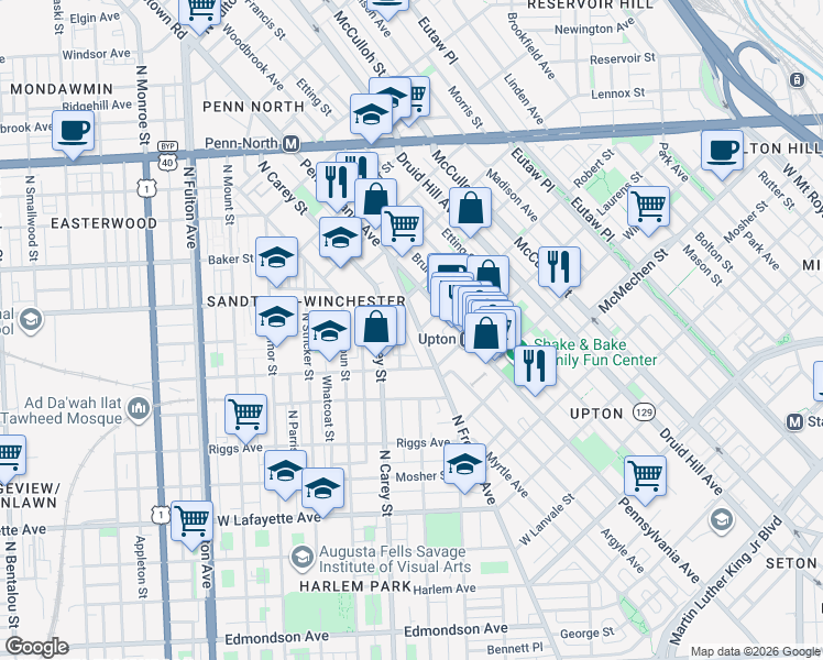 map of restaurants, bars, coffee shops, grocery stores, and more near 1346 North Fremont Avenue in Baltimore