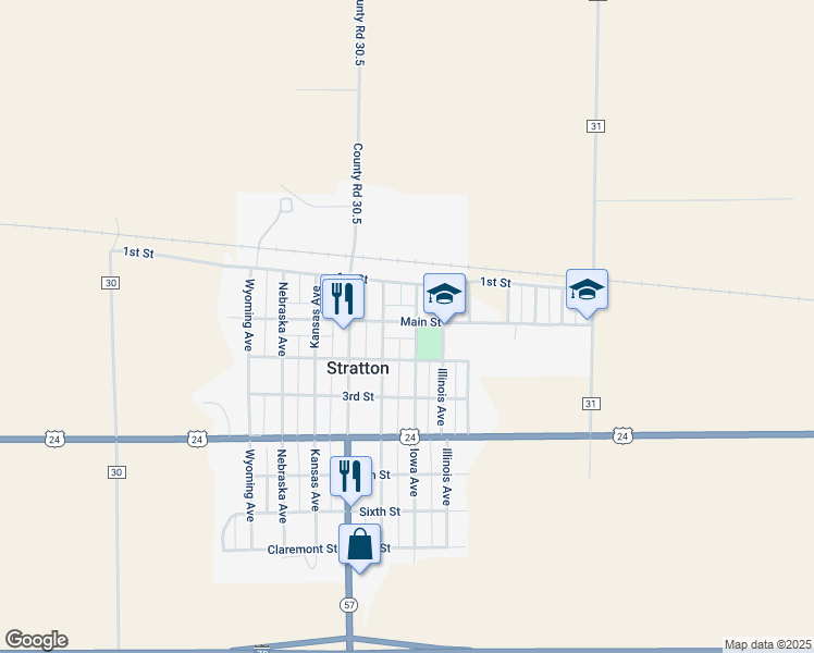 map of restaurants, bars, coffee shops, grocery stores, and more near 210 Iowa Avenue in Stratton