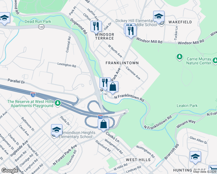 map of restaurants, bars, coffee shops, grocery stores, and more near 1661 North Forest Park Avenue in Baltimore
