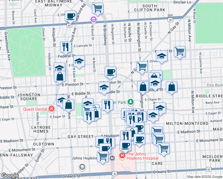 map of restaurants, bars, coffee shops, grocery stores, and more near 1225 North Broadway in Baltimore
