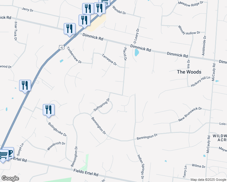 map of restaurants, bars, coffee shops, grocery stores, and more near 7646 Windy Knoll Drive in Cincinnati