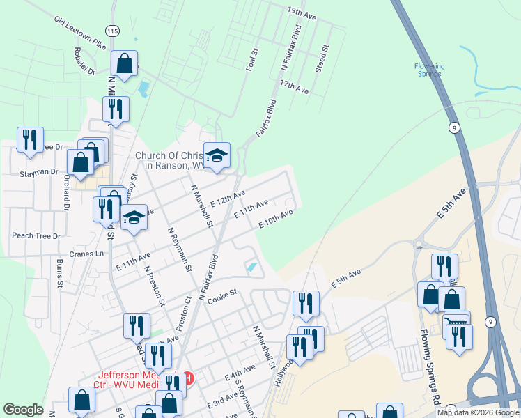 map of restaurants, bars, coffee shops, grocery stores, and more near 506 East 11th Avenue in Ranson