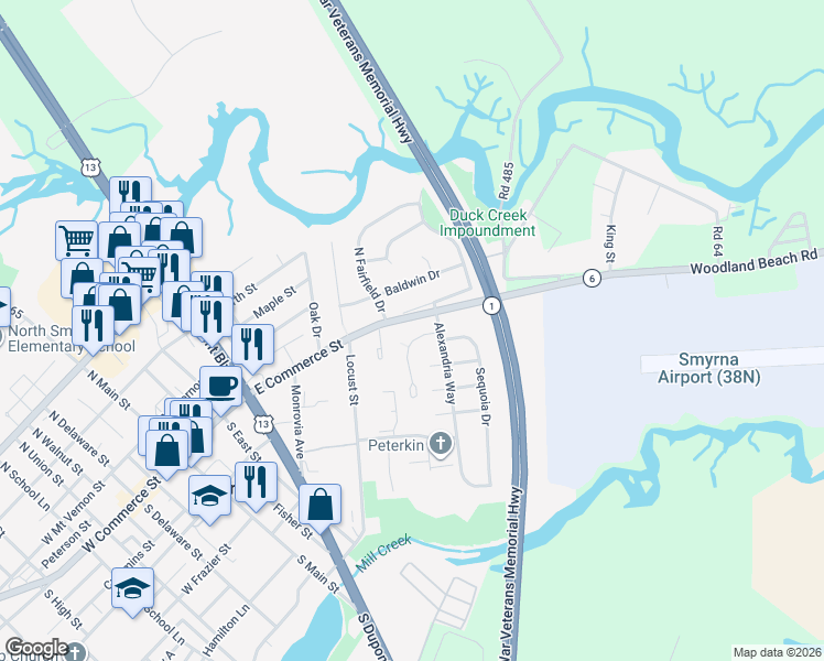 map of restaurants, bars, coffee shops, grocery stores, and more near 101 Talon Court in Smyrna